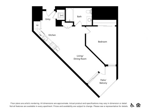 Floor plan for 1 bed, 1 bath, 698 sqft